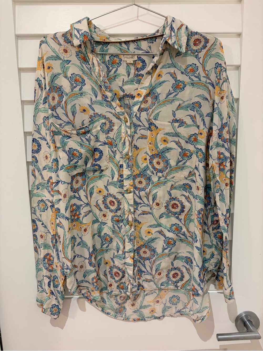 Pilcro Cream Floral Button-Down Shirt with Blue and Yellow Accents